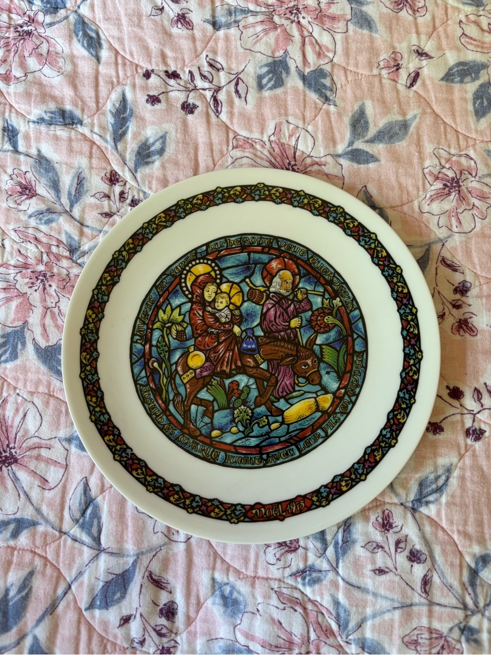 Vintage 1950s Multicolor Stained-Glass Motif Ceramic Dinner Plate - White